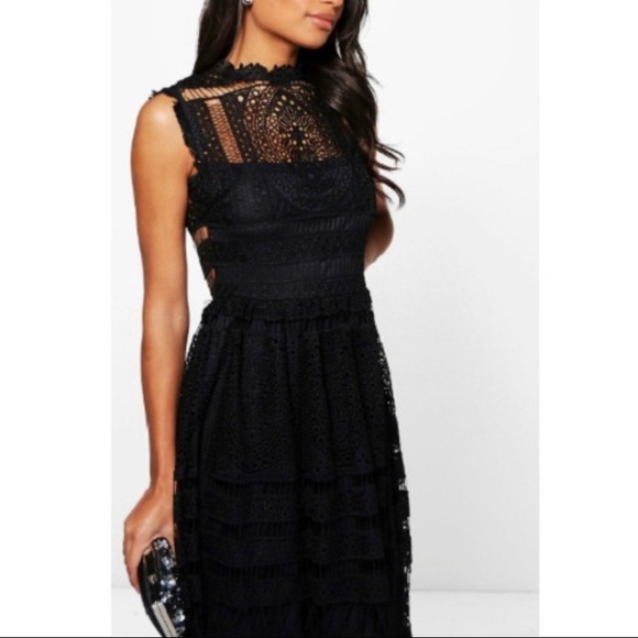 (Sold) boohoo Crochet High Neck Midi Dress Black 4 - Picture 3 of 11